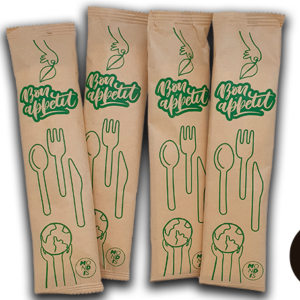 Pack fibra de papel Tenedor+Cuchara+Cuchillo+Servilleta. 33X33 1 Capa. Caja de 250 set