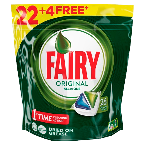 Fairy ORIGINAL Todo en uno (22+4 dosis). Cápsulas de lavavajillas automático