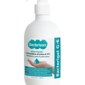Bacterigel G-6 500ml. Jabón líquido antiséptico en base a clorhexidina acuosa al 4%. | Bactericida - Levuricida | USO PURO | | Nº Registro AEMPS: 1400-DES. (12 Unidades x 500 ml)