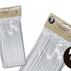 Cañita o pajita de PLA de diámetro 8 mm y de largo 23 cm de color blanco. Caja de 5 paquetes con 10 paquetes de 50 unidades cada uno.