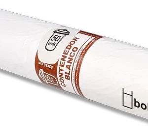 Bolsa de basura 52x60 blanca, Galga 55.2. Alta densidad. Para cubos de 30 litros. Caja de 60 rollos de 25 unidades.