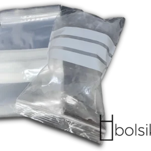 Bolsa transparente con cierre zip y banda de escritura de 12x18 cm. Estuche de 10 paquetes de 100 unidades.