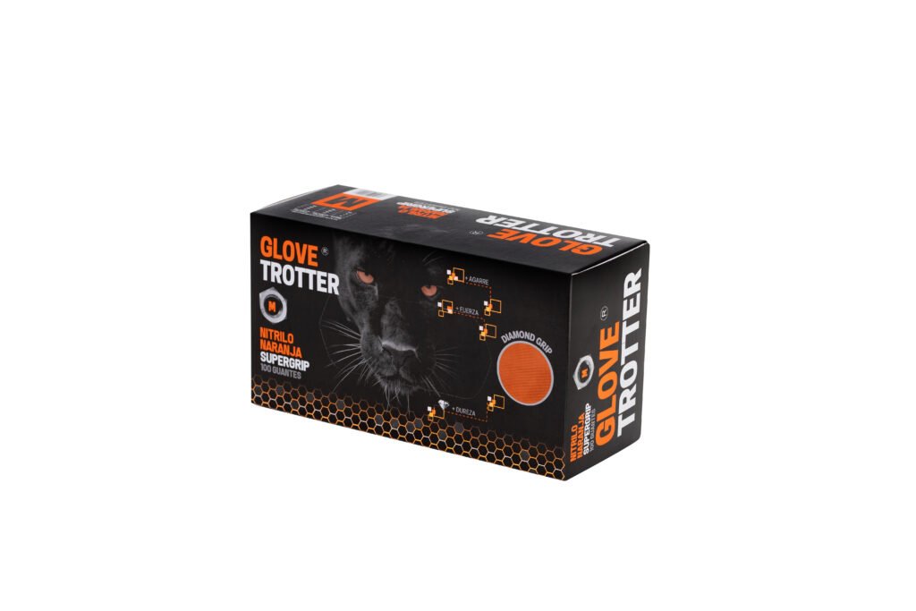 Guante de Nitrilo Naranja sin polvo SUPERGRIP GLOVETROTTER DIAMANTADO. Caja de 100 Uds. Talla M