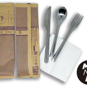 Set de cubiertos reutilizables acero inox. con servilleta