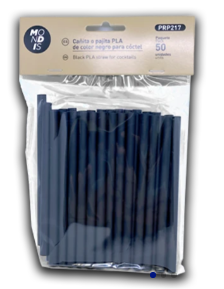 Cañita o pajita de PLA de diámetro 8 mm y de largo 13 cm de color negro. Caja de 5 paquetes con 10 paquetes de 50 unidades cada uno.