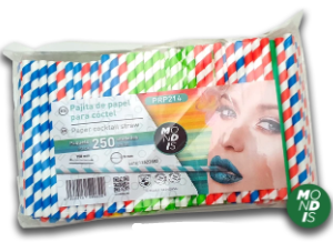 Pajita de papel cóctel. Diámetro: 8 x largo: 15 cm. Caja de 20 paquetes de 250 Uds.