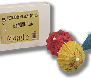 Sombrillas, decoración para helados y postres. Colores surtidos. Caja de 100 paquetes de 144 unidades.