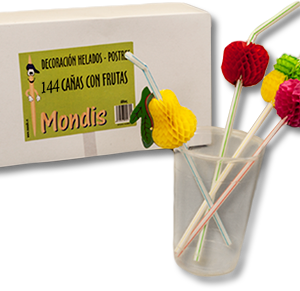Cañita o pajita flexible con frutas, decoración para helados y postres. Colores surtidos. Caja de 100 paquetes de 144 unidades.