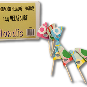 Velas surf, decoración para helados y postres. Colores surtidos. Estuche de 144 velas surf.